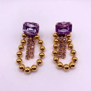 Vintage Party Clip On Earrings Gold Tone with Purple Glass Stone